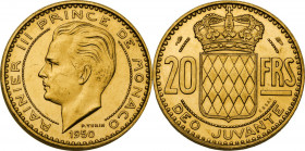 Monaco, Principality of. Rainier III (1949-2005). 20 francs 1950 ESSAI. Gad. MC140; Fried. 27. AV. 14.58 g. 23.50 mm. RR. Contact marks on obverse. Ve...