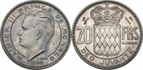 Monaco, Principality of. Rainier III (1949-2005). 20 francs 1950 ESSAI. Gad. MC140. AR. 6.54 g. 23.50 mm. 500 specimens minted. MS.