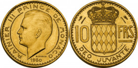 Monaco, Principality of. Rainier III (1949-2005). 10 francs 1950 ESSAI. Gad. MC139; Fried. 29. AV. 10.50 g. 20.00 mm. RR. Insignificant edge nick. Ver...