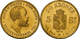 Norway. Oskar II (1872-1907). 20 kroner or 5 species 1874. Fried. 15. AU. 8.96 g. 22.00 mm. AU/MS.