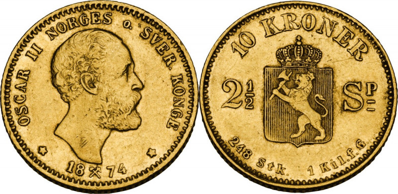 Norway. Oskar II (1872-1907). 10 kroner or 2 1/2 Species 1874. Fried. 16. AV. 4....