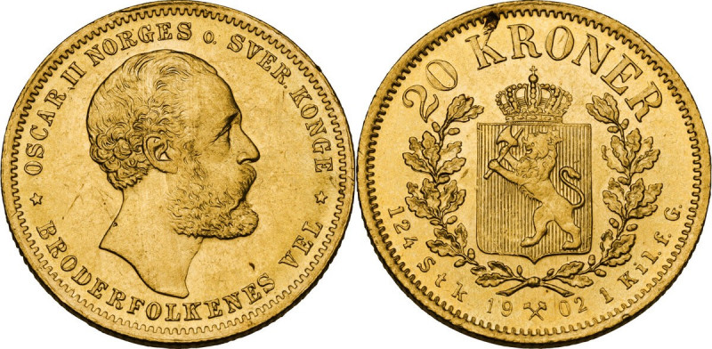 Norway. Oskar II (1872-1907). 20 kroner 1902. Fried. 17. AU. 8.96 g. Mintinig de...