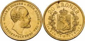 Norway. Oskar II (1872-1907). 20 kroner 1902. Fried. 17. AU. 8.96 g. Mintinig defect on reverse. Minor contact marks. AU.