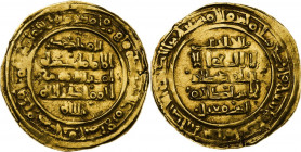 Spain. Abbadids of Seville, al-Mu'tadid (433-461 AH/ 1041-1068 AD). AV Dinar, al-Andalus mint, dated 444 AH. Obv. Kalima in three five lines, citing '...