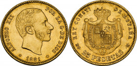 Spain. Alfonso XII (1874-1885). 25 pesetas 1881 (1881) MS-M, Madrid mint. Cal. 82; Fried. 344. AV. 8.03 g. 24.00 mm. AU.