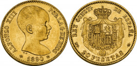 Spain. Alfonso XIII (1886-1931). 20 pesetas 1890 (1890) MP M, Madrid mint. Cal. 114; Fried. 345. AV. 6.43 g. 21.00 mm. Minor contact marks. AU/MS.