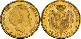 Spain. Alfonso XIII (1886-1931). 20 pesetas 1892 (1892) PG M, Madrid mint. Cal. 115; Fried. 346. AV. 6.45 g. 21.00 mm. RRR. Very rare. Minor contact m...