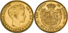 Spain. Alfonso XIII (1886-1931). 20 pesetas 1896 (1962) MP M, Madrid mint. Official government restrike. Cal. 8; Fried. 348R. AV. 6.45 g. 21.00 mm. MS...
