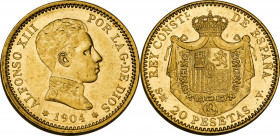 Spain. Alfonso XIII (1886-1931). 20 pesetas 1904 (1904) SM V, Madrid mint. Cal. 8; Fried. 349. AV. 6.44 g. 21.00 mm. RRR. Very rare. Contact marks. Lu...
