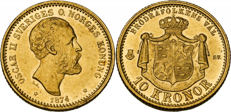 Sweden. Oscar II (1872-1907). 10 kronor 1874. Fried. 94. AV. 4.48 g. 18.00 mm. M...