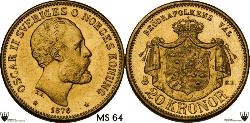 Sweden. Oscar II (1872-1907). 20 kronor 1876 EB. Fried. 93. AV. 8.97 g. 23.00 mm...