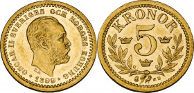 Sweden. Oscar II (1872-1907). 5 kronor 1899. Fried. 95. AV. 2.24 g. 16.00 mm. MS.