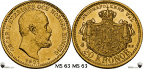 Sweden. Oscar II (1872-1907). 20 kronor 1901. Fried. 93b. AV. 8.96 g. 23.00 mm. MS. Grading CCG MS 63.