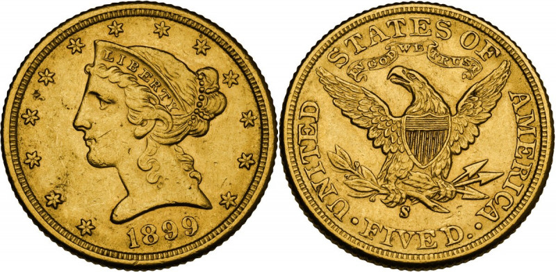USA. 5 dollars 1899 S, San Francisco mint. Libert Head - Eagle with motto. KM 10...