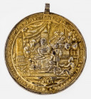Biblische Medaille
Silberguss, vergoldet. Dat. 1551, Nickel Milicz (tätig 1545-1568) oder Werkstatt. (Gefasst u. mit Anhängeöse). Av. Darstellung des...