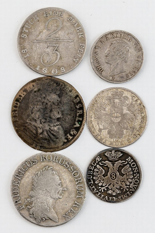 Konvolut
Sechs Silbermünzen: Preußen: Reichstaler 1786 (ss-). Brandenburg: 2/3 ...