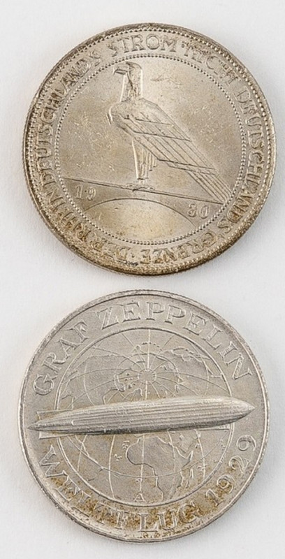 Weimarer Republik
2 x 5 Reichsmark: 1930 A Graf Zeppelin, 24,8 g, ss. 1930 A De...