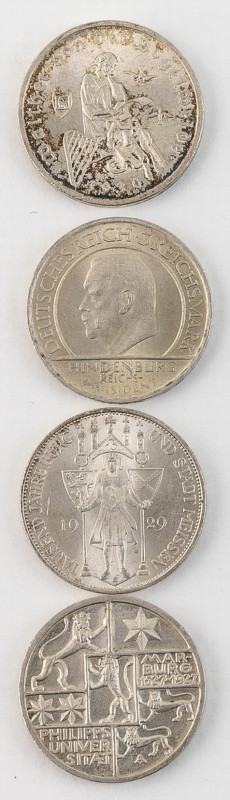 Weimarer Republik
4 x 3 Reichsmark: 1927 Univ. Marburg, 15,0 g, ss-vz. 1929 Mei...