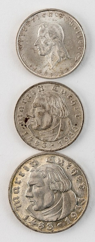 Deutsches Reich 1933-1945
Drei Silbermünzen: 5 Reichsmark 1933 G Luther, 13,8 g...