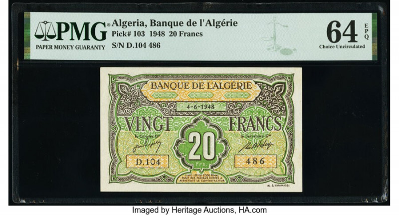 Algeria Banque de l'Algerie 20 Francs 4.6.1948 Pick 103 PMG Choice Uncirculated ...