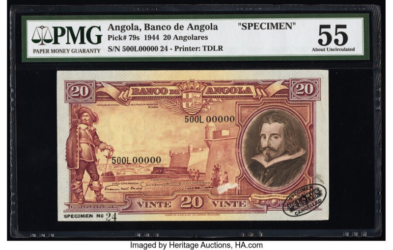 Angola Banco De Angola 20 Angolares 1944 Pick 79s Specimen PMG About Uncirculate...