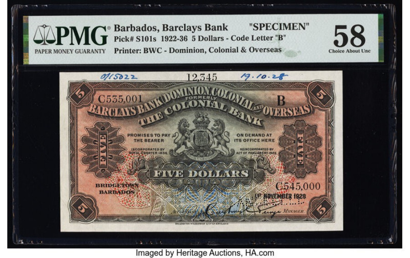 Barbados Barclays Bank 5 Dollars 1.11.1928 Pick S101s Specimen PMG Choice About ...