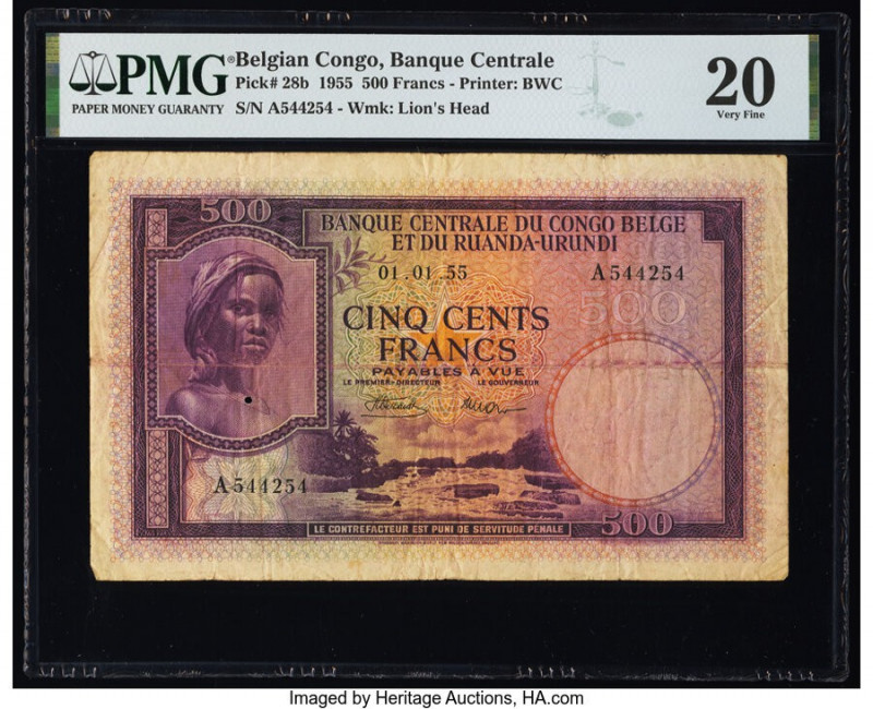 Belgian Congo Banque Centrale du Congo Belge 500 Francs 1.1.1955 Pick 28b PMG Ve...
