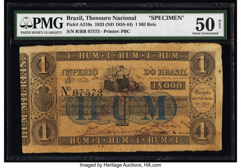 Brazil Thesouro Nacional 1 Mil Reis 1.7.1833 (ND 1834-44) Pick A210s Specimen PM...