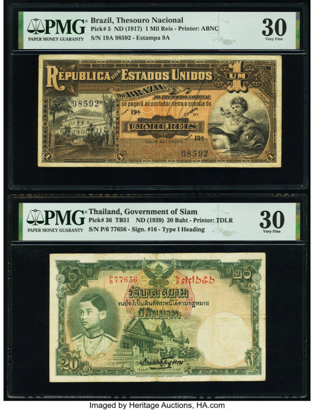 Brazil Thesouro Nacional 1 Mil Reis ND (1917) Pick 5 PMG Very Fine 30; Thailand ...