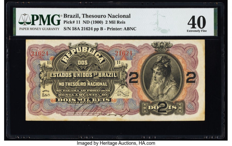Brazil Thesouro Nacional 2 Mil Reis ND (1900) Pick 11 PMG Extremely Fine 40. Sta...