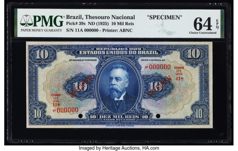 Brazil Thesouro Nacional 10 Mil Reis ND (1925) Pick 39s Specimen PMG Choice Unci...