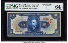 Brazil Thesouro Nacional 10 Mil Reis ND (1925) Pick 39s Specimen PMG Choice Uncirculated 64 EPQ. Red Specimen overprints and two POCs are present on t...