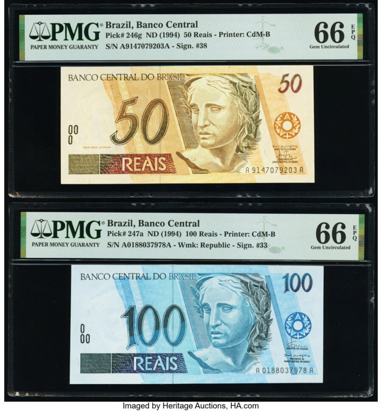 Brazil Banco Central Do Brasil 50; 100 Reais ND (1994) Pick 246g; 247a Two Examp...