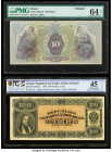 Brazil Republica Banco do Brasil 10; 100 Mil Reis ND; 1889 Pick UNL (2) Two Examples Proof; Printer's Essay PMG Choice Uncirculated 64 Net; PCGS Bankn...