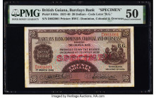 British Guiana Barclays Bank 20 Dollars 1.3.1940 Pick S105s Specimen PMG About Uncirculated 50. Red Specimen overprints, perforated Cancelled punches ...