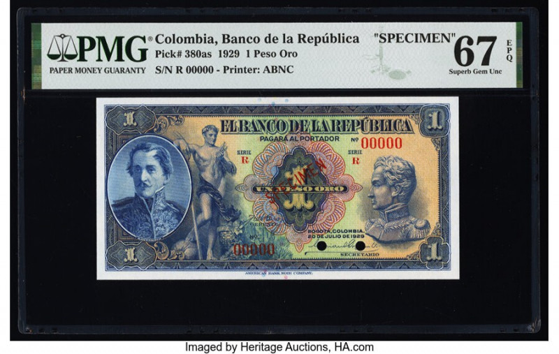 Colombia Banco de la Republica 1 Peso Oro 20.7.1929 Pick 380as Specimen PMG Supe...