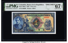 Colombia Banco de la Republica 1 Peso Oro 20.7.1929 Pick 380as Specimen PMG Superb Gem Unc 67 EPQ. Red Specimen overprints and two POCs are present on...