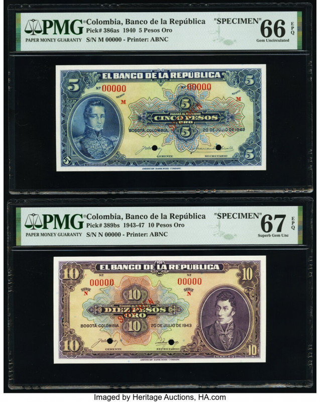 Colombia Banco de la Republica 5; 10 Pesos Oro 20.7.1940; 20.7.1943 Pick 386as; ...