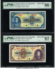 Colombia Banco de la Republica 5; 10 Pesos Oro 20.7.1940; 20.7.1943 Pick 386as; 389bs Two Specimen PMG Gem Uncirculated 66 EPQ; Superb Gem unc 67 EPQ....
