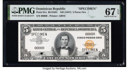 Dominican Republic Banco Central de la Republica Dominicana 5 Pesos Oro ND (1947) Pick 61s Specimen PMG Superb Gem Unc 67 EPQ. Black Specimen overprin...