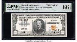 Dominican Republic Banco Central de la Republica Dominicana 10 Pesos Oro ND (1949) Pick 62s Specimen PMG Gem Uncirculated 66 EPQ. Black Specimen overp...