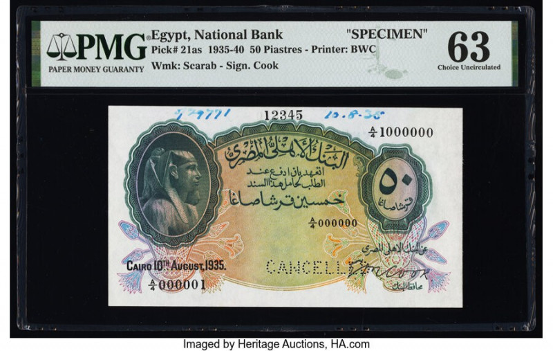 Egypt National Bank of Egypt 50 Piastres 10.8.1935 Pick 21as Specimen PMG Choice...