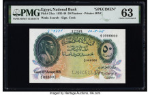 Egypt National Bank of Egypt 50 Piastres 10.8.1935 Pick 21as Specimen PMG Choice Uncirculated 63. A perforated Cancelled punch and annotations are pre...