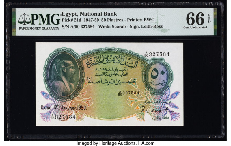 Egypt National Bank of Egypt 50 Piastres 17.1.1950 Pick 21d PMG Gem Uncirculated...