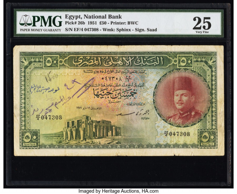 Egypt National Bank of Egypt 50 Pounds 1951 Pick 26b PMG Very Fine 25. Annotatio...