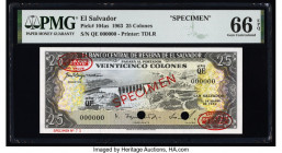 El Salvador Banco Central de Reserva de El Salvador 25 Colones 12.3.1963 Pick 104as Specimen PMG Gem Uncirculated 66 EPQ. Red Specimen & TDLR overprin...