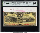 El Salvador Banco Occidental 50 Pesos 1.9.1919 Pick S179s2 Specimen PMG Gem Uncirculated 66 EPQ. Selvage included, red Specimen overprints and three P...