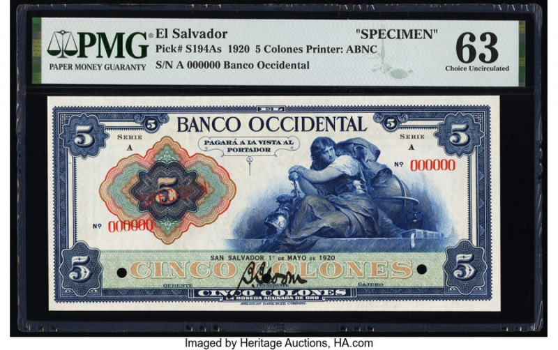 El Salvador Banco Occidental 5 Colones 1.5.1920 Pick S194As Specimen PMG Choice ...