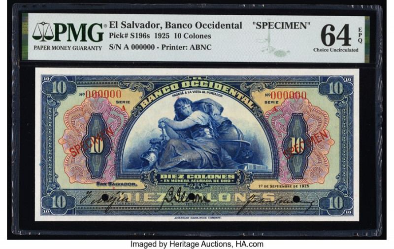 El Salvador Banco Occidental 10 Colones 1.9.1925 Pick S196s Specimen PMG Choice ...