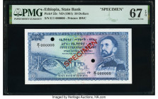 Ethiopia State Bank of Ethiopia 50 Dollars ND (1961) Pick 22s Specimen PMG Superb Gem Unc 67 EPQ. Red Specimen overprints and two POCs are present on ...